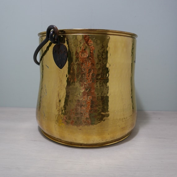 取っ手付き真鍮製容器 - 槌目真鍮製バケツ - ポット - やかん - 1960 