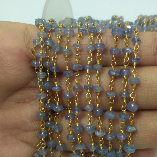 3 Feet Blue Tanzanite Smooth Rosary Style Beaded Gemstone Chain, Natural Blue Tanzanite Plain Beads Wire Wrapped Gold Plated Rosary Chain