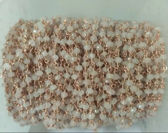 3 pies de piedra lunar blanca Rondelle Rosario estilo cadena de cuentas, piedra lunar piedra preciosa alambre envuelto en oro rosa chapado joyería haciendo cadena de rosario