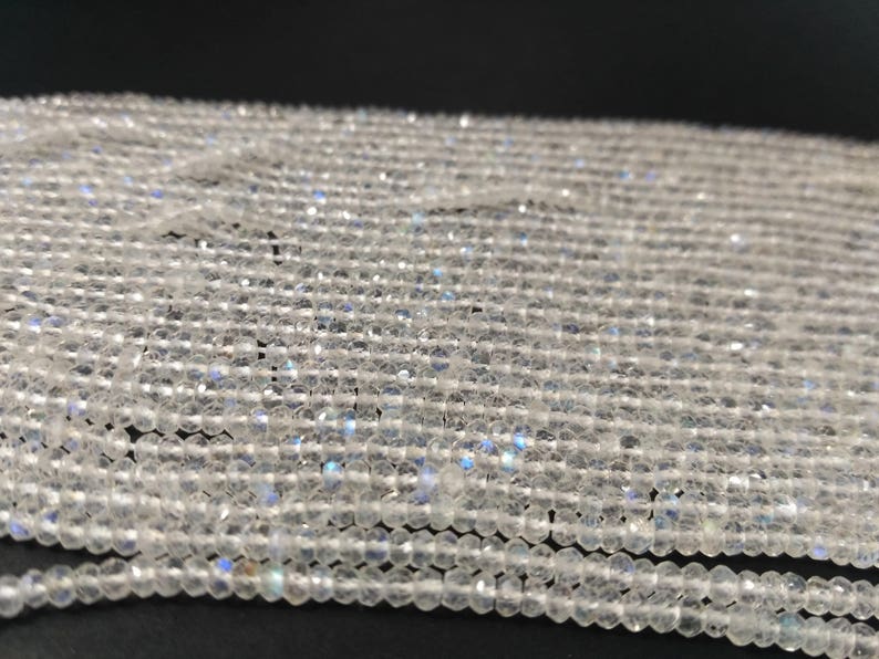 Tiny White Rainbow Moonstone Faceted Rondelle Beads Strand-AK Gems Beads