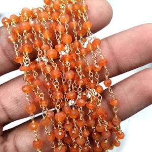 1 Feet Orange Carnelian Rosary Gemstone Style Beaded Chain, Carnelian Bead Wire Wrapped 24k Gold Plated Jewelry Making Stone Rosary Chain