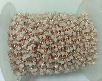 5 pies de piedra lunar blanca estilo piedra preciosa cadena de cuentas, piedra lunar Rondelle alambre envuelto en oro rosa chapado joyería haciendo cadena de rosario