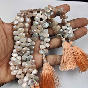 Peach Moonstone Pear Briolette Faceted Gemstone Beads - Mystic Peach Gray Moonstone Pear Briolette Bead Shape Jewelry Strands - Gemstones