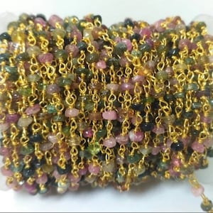 Natural Multi Tourmaline Rosary Style Gemstone Beaded Chain, Tourmaline Beads Wire Wrapped 24k Gold Plated Jewelry Making Rosary Chain