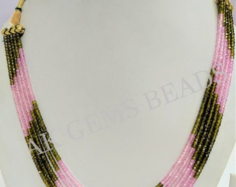 Cubic Zircon Pink and Green Shaded Faceted Beaded Gemstone Necklace, 5 Strands Zirconia Ready to Wear Jewelry Wholesale Necklace for Girls