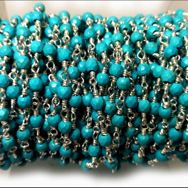 3 Feet Blue Turquoise Rondelle Gemstone Rosary Beaded Chain, Natural Turquoise Bead Wire Wrapped 925 Sterling Silver Plated Necklace Chain