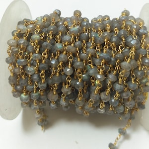 1 Feet Labradorite Rosary Style Wire Wrapped 24k Gold Plated Gemstones Beaded Chain, Labradorite Gemstone Bead Jewelry Making Rosary Chain