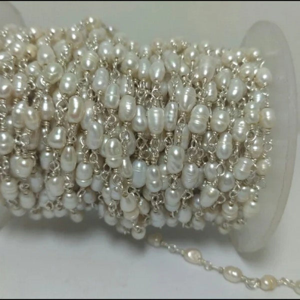 5 Foot White Rise Pearl Rosary Smooth Rondelle Beaded Gemstone Chain, Natural White Pearl Bead Wire Wrapped Silver Plated Wholesale Chains