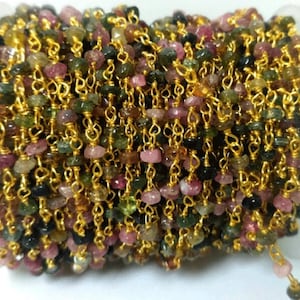 1 Feet Multi Tourmaline Gemstone Rosary Style Beaded Chain, Natural Tourmaline Stone Bead Wire Wrapped Linked 24k Gold Plated Chain