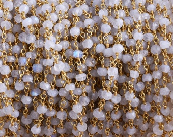 5 pies white Rainbow Moonstone Rondelle Rosary Style Beaded Gemstone Chain, White Rainbow Bead Wire Wrapped Gold Plated Semi Precious Chain