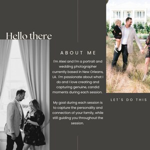 May include: A black and white photo of a couple and a family. The text "Hello there" is at the top left. The text "ABOUT ME" and "LET'S DO THIS" are also visible. The photographer's goal is to capture genuine moments.