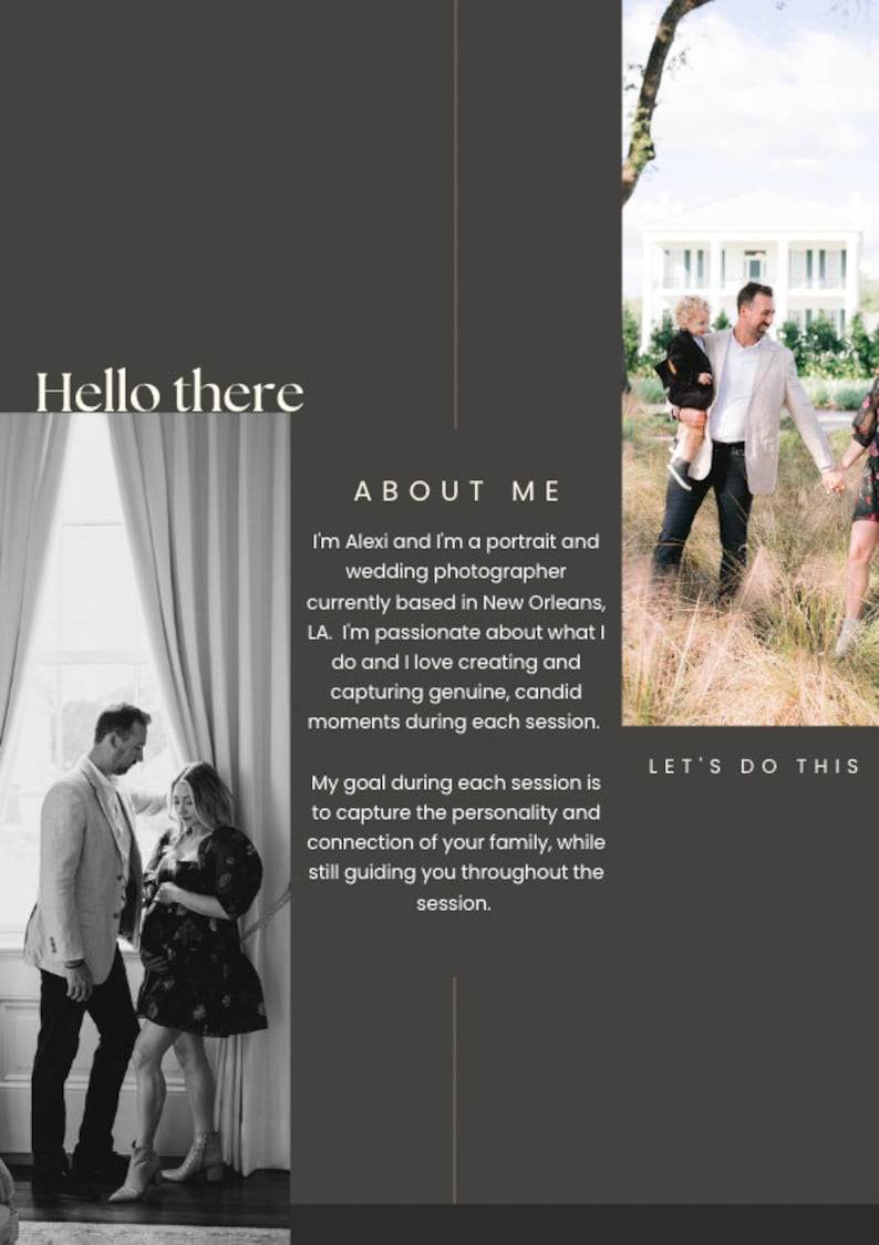 May include: A black and white photo of a couple and a family. The text "Hello there" is at the top left. The text "ABOUT ME" and "LET'S DO THIS" are also visible. The photographer's goal is to capture genuine moments.