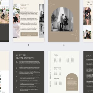 May include: A collection of digital pages with a neutral color palette, featuring text and photographs. The pages include headings such as "Family Session," "Style Guide," and "FAQ." The design incorporates a minimalist aesthetic with a focus on visual clarity.