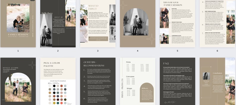 May include: A collection of digital pages with a neutral color palette, featuring text and photographs. The pages include headings such as "Family Session," "Style Guide," and "FAQ." The design incorporates a minimalist aesthetic with a focus on visual clarity.