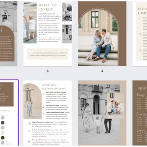 Puede incluir: Una gu&iacute;a digital titulada "Family Session Style Guide" con una combinaci&oacute;n de colores marr&oacute;n y blanco. La gu&iacute;a incluye consejos, recomendaciones de vestuario y una paleta de colores. Se presentan im&aacute;genes de familias.