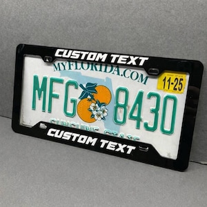 Puede incluir: Un marco negro para matrícula con el texto "CUSTOM TEXT" en blanco. La matrícula tiene el texto "MYFLORIDA.COM" y los números "MFG 8430". La matrícula también tiene un gráfico de naranja y flores.