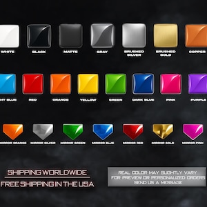 May include: A colour chart displaying a range of colours, including white, black, grey, and metallic finishes like brushed silver and gold. The chart also shows vibrant hues such as red, blue, and green, with text labels for each colour.