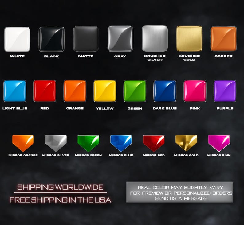 May include: A colour chart displaying a range of colours, including white, black, grey, and metallic finishes like brushed silver and gold. The chart also shows vibrant hues such as red, blue, and green, with text labels for each colour.