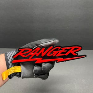 May include: A black and red "RANGER" emblem with a lightning bolt design. The emblem is held by a gloved hand. The text is in a bold, stylized font, with a red lightning bolt accent.