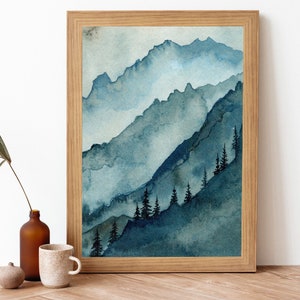 Watercolor Blue Mountain Landscape Painting Printable Art- Blue Pine Tree Landscape Print- Mountain Landscape Wall Art- Misty Mountain Art