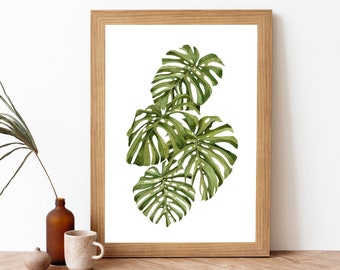 Monstera Leaf Watercolor Painting Art Print- Green House Plant Poster Wall Art- Botanical Green Print- Green Leaves Illustration