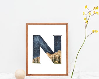 Letter N initial art Letter N Adventure in the Woods Watercolor Print Nature Themed Alphabet Watercolor Print