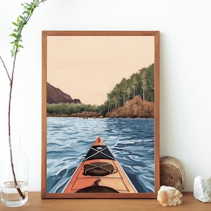 Orange Kayak Painting Art Print- Kayaking Travel Illustration- Explore Adventure- Water Sport Painting- Kayak Poster Wall Art
