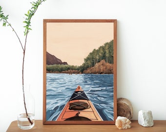 Orange Kayak Painting Art Print- Kayaking Travel Illustration- Explore Adventure- Water Sport Painting- Kayak Poster Wall Art