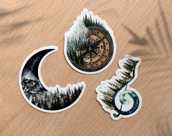 Nature Sticker Pack- 3 Matte Vinyl Stickers- Treble Clef Sticker- Compass Sticker Moon Sticker- Tree Sticker- Wanderlust Stickers-