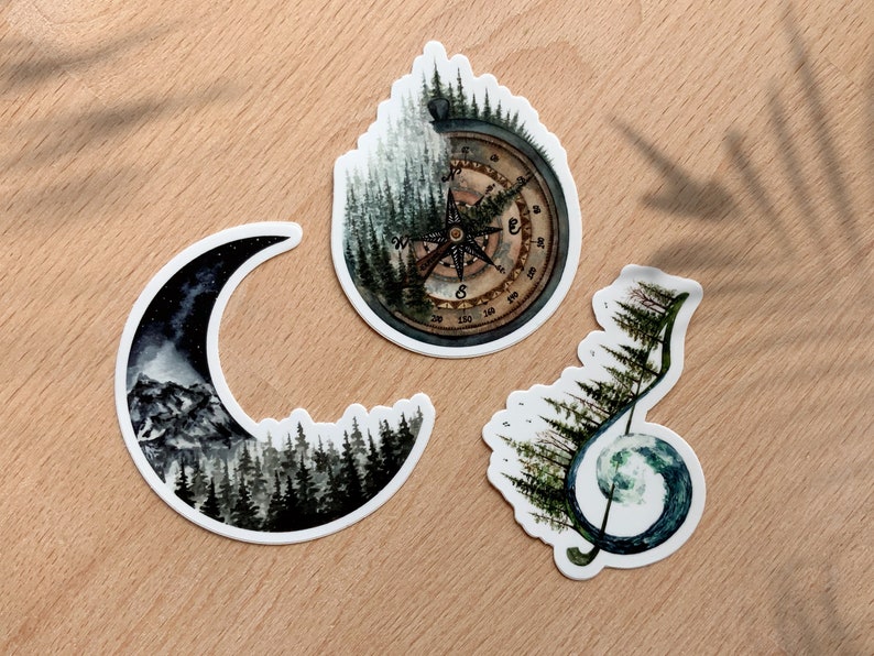 Nature Sticker Pack 3 Matte Vinyl Stickers Treble Clef Sticker Compass Sticker Moon Sticker Tree Sticker Wanderlust Stickers image 1