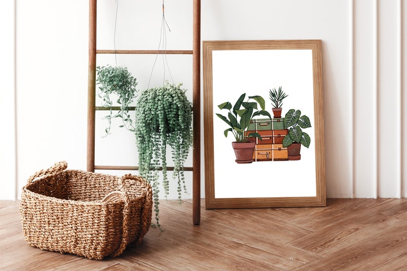 Houseplant Art Print: Vintage Suitcase, Retro Plant Illustration image 4