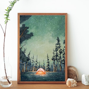 Camping bei Nacht Malerei druckbare Kunst - Gelb leuchtende Zelt Illustration - Sternenhimmel - FireFly Malerei - Wildnis Outdoorsy Wandkunst