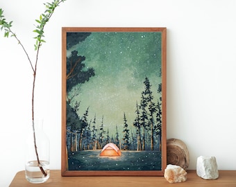 Camping At Night Painting Printable Art- Yellow Glowing Tent Illustration- Starry Sky- FireFly Painting- Wilderness Outdoorsy Wall Art