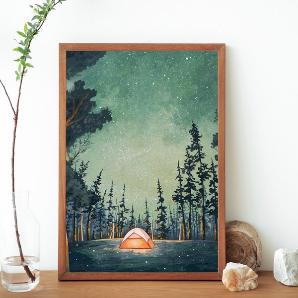 Camping At Night Painting Printable Art- Yellow Glowing Tent Illustration- Starry Sky- FireFly Painting- Wilderness Outdoorsy Wall Art