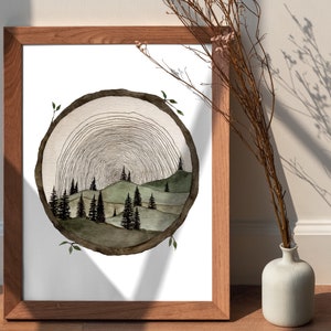 Circle Wood Slice Watercolor Painting Art Print Tree Ring Art Tree Stump Wood Slice Wall Art Trees And Hills Painting Tree Slice Artwork image 7