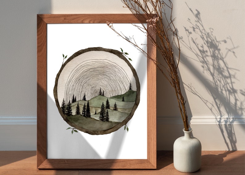 Circle Wood Slice Watercolor Painting Art Print Tree Ring Art Tree Stump Wood Slice Wall Art Trees And Hills Painting Tree Slice Artwork image 7