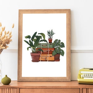 Houseplant Art Print: Vintage Suitcase, Retro Plant Illustration image 1