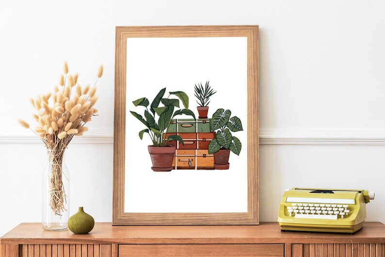 Houseplant Art Print: Vintage Suitcase, Retro Plant Illustration image 1