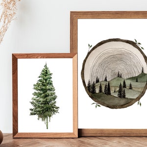 Circle Wood Slice Watercolor Painting Art Print Tree Ring Art Tree Stump Wood Slice Wall Art Trees And Hills Painting Tree Slice Artwork image 8