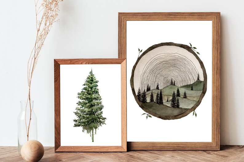 Circle Wood Slice Watercolor Painting Art Print Tree Ring Art Tree Stump Wood Slice Wall Art Trees And Hills Painting Tree Slice Artwork image 8