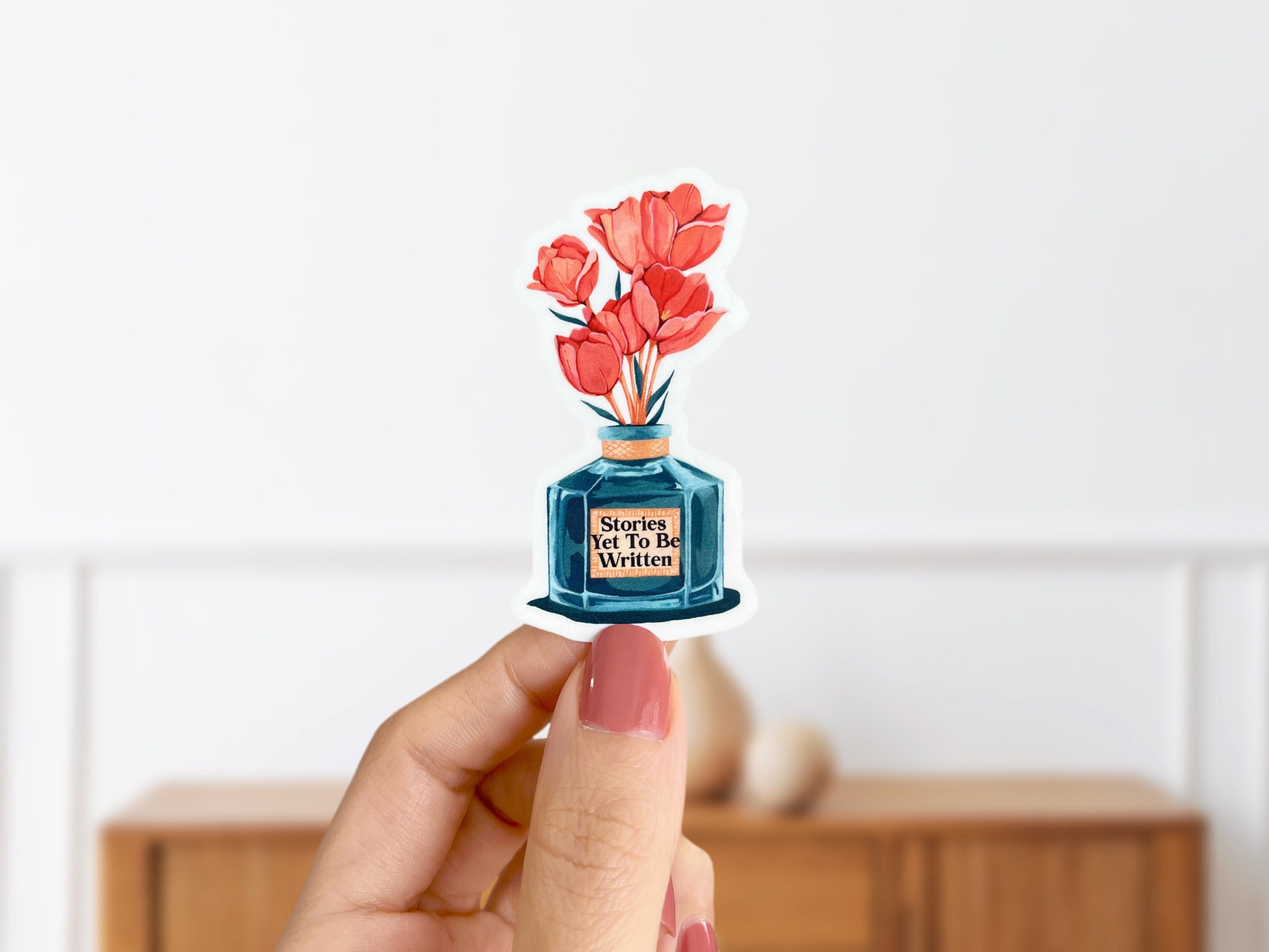 Ink Pot Stories Yet To Be Written Glossy Vinyl Sticker- Writing Laptop Sticker- Coral Tulip Flowers Sticker- Sticker For Authors