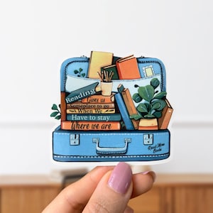 Books in a Suitcase Glossy Diecut Vinyl Sticker Reading Quote Reading Gives Us Someplace To Go When We Have To Stay Where We Are Sticker image 1