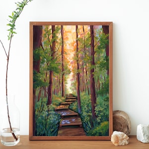 Sonnenbeschienene Waldlandschaft Malerei Kunstdruck- Waldwanderweg Malerei Poster- Natur Landschaft Kunst- Sonnig Wald Wald Wandkunst