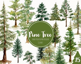 Clipart de pino en acuarela: Arte forestal pintado a mano (Descarga digital)