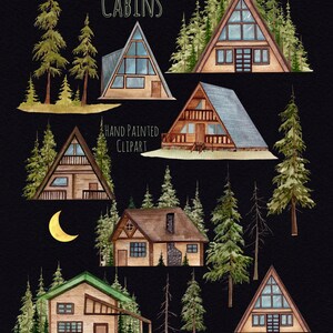 Puede incluir: Ilustraci&oacute;n en acuarela con varias caba&ntilde;as y &aacute;rboles de hoja perenne sobre un fondo negro. Se muestra el texto "Watercolor Cabins" y "Hand Painted Clipart". Las caba&ntilde;as tienen diferentes estilos arquitect&oacute;nicos, con dise&ntilde;os en A y tradicionales.