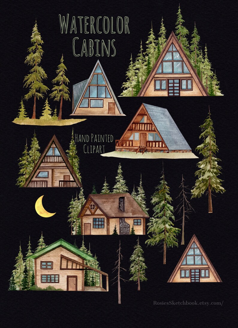 Puede incluir: Ilustraci&oacute;n en acuarela con varias caba&ntilde;as y &aacute;rboles de hoja perenne sobre un fondo negro. Se muestra el texto "Watercolor Cabins" y "Hand Painted Clipart". Las caba&ntilde;as tienen diferentes estilos arquitect&oacute;nicos, con dise&ntilde;os en A y tradicionales.