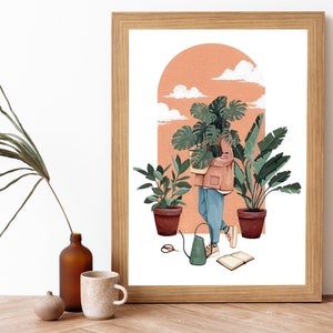 Girl With Plants Illustration Art Print- Houseplant Poster- Monstera Plant Art- Banana Leaf Plant- Rubber Plant- Boho Cozy Interior Decor