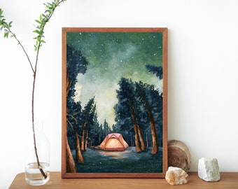 Watercolor Camping Tent Landscape Art Print- Starry Night pine Tree Landscape Painting- Wilderness Firefly Artwork- Camping Wall Art