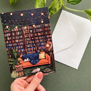 Leere Lesegruß-Karte - Bibliothek-Bücherregal-Gruß-Karte - Buchliebhaber-Anmerkungskarte