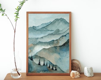 Watercolor Mountain Landscape Painting Printable Art- Scandinavian Mountain Print- Misty Mountain Landscape Wall Art- Nature Art Print